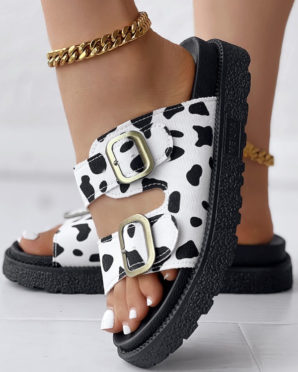 Cow Print Buckled Double Strap Slippers Outdoor Sandals