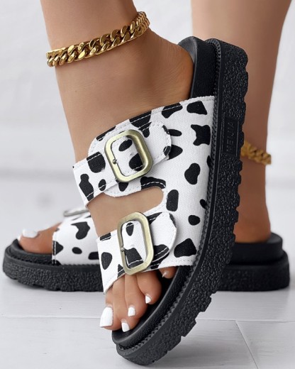 Cow Print Buckled Double Strap Slippers Outdoor Sandals