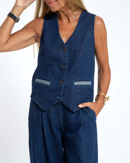 Casual Denim Two-piece Set Sleeveless Vest and Long Wide-leg Jeans Pants