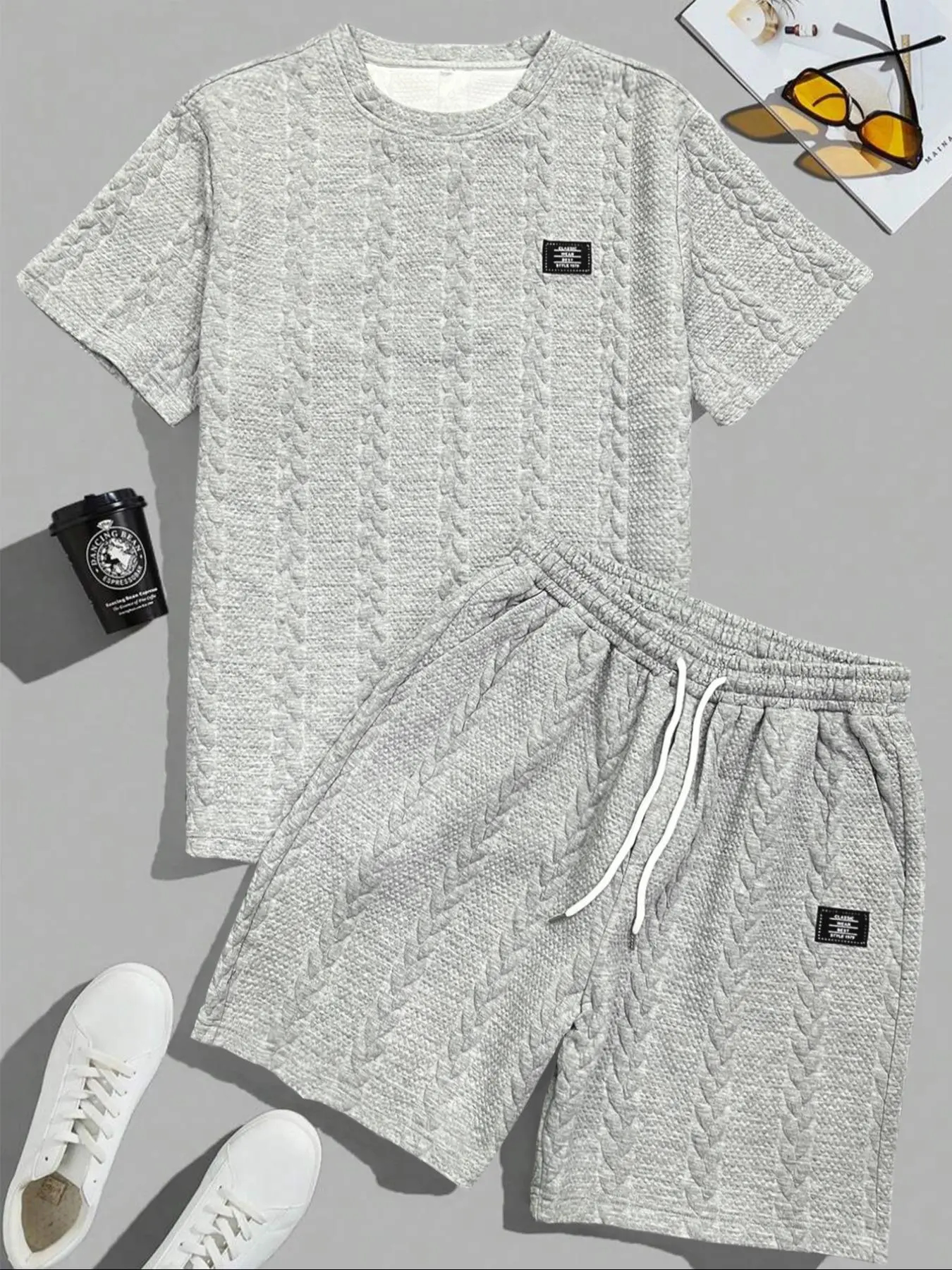 Men's Solid Textured Knit Patched Tee & Drawstring Waist Shorts Set