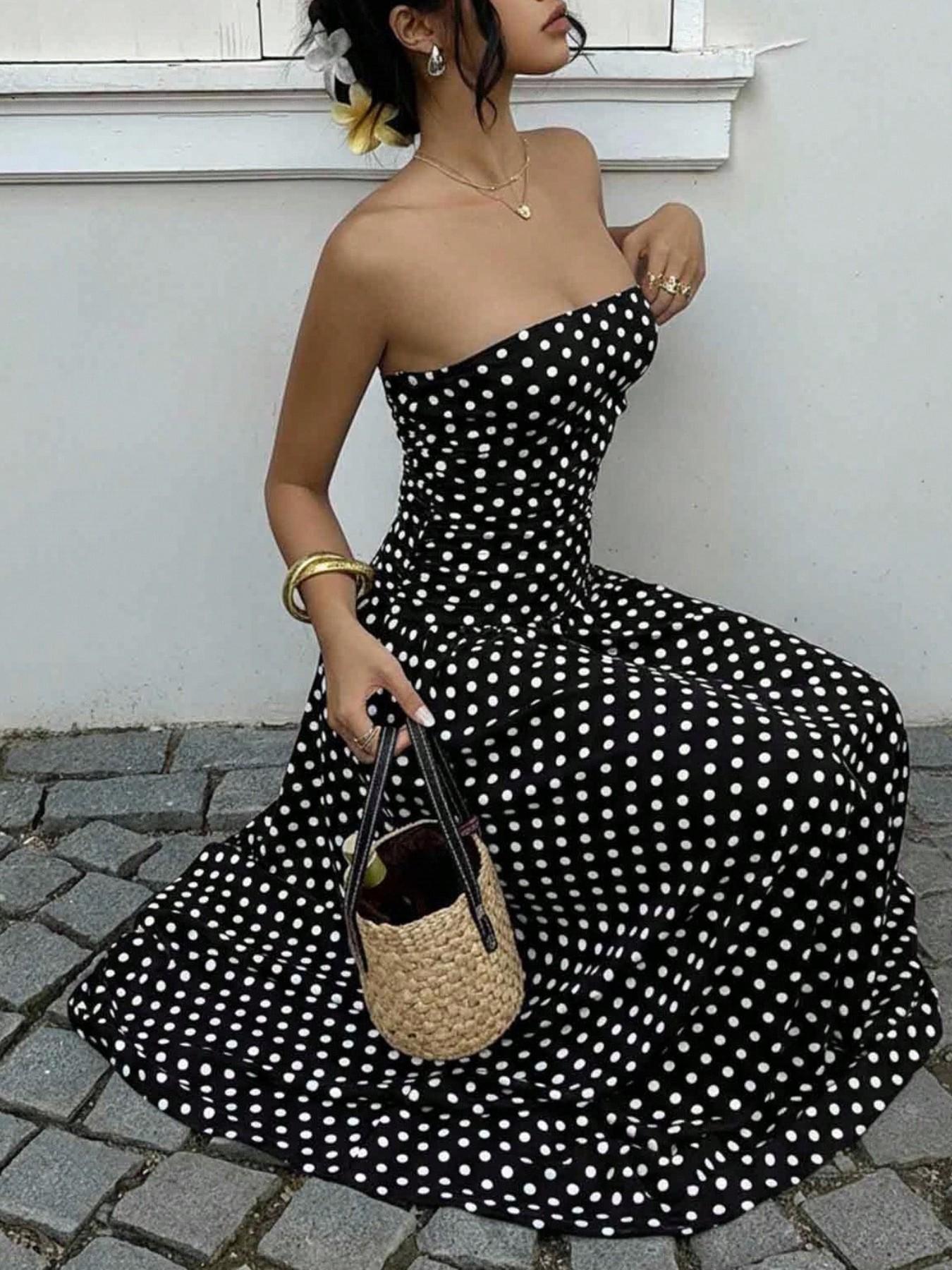 Women's Elegant Chic Fashion Polka Dot Strapless Dress, Stylish Sleeveless Maxi Dress for Parties and Casual Wear