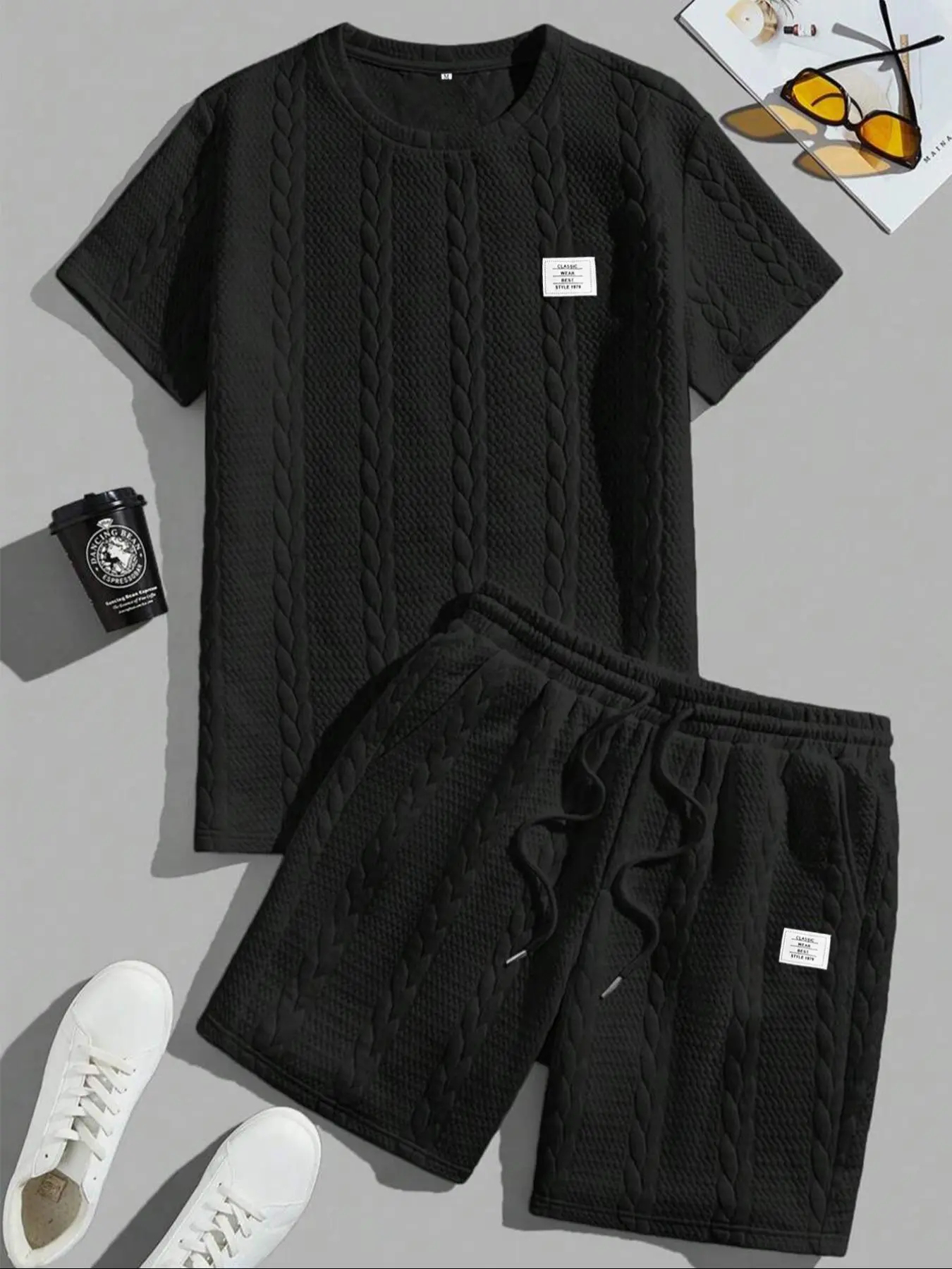 Men's Solid Textured Knit Patched Tee & Drawstring Waist Shorts Set