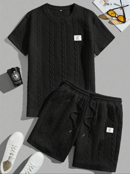 Men's Solid Textured Knit Patched Tee & Drawstring Waist Shorts Set