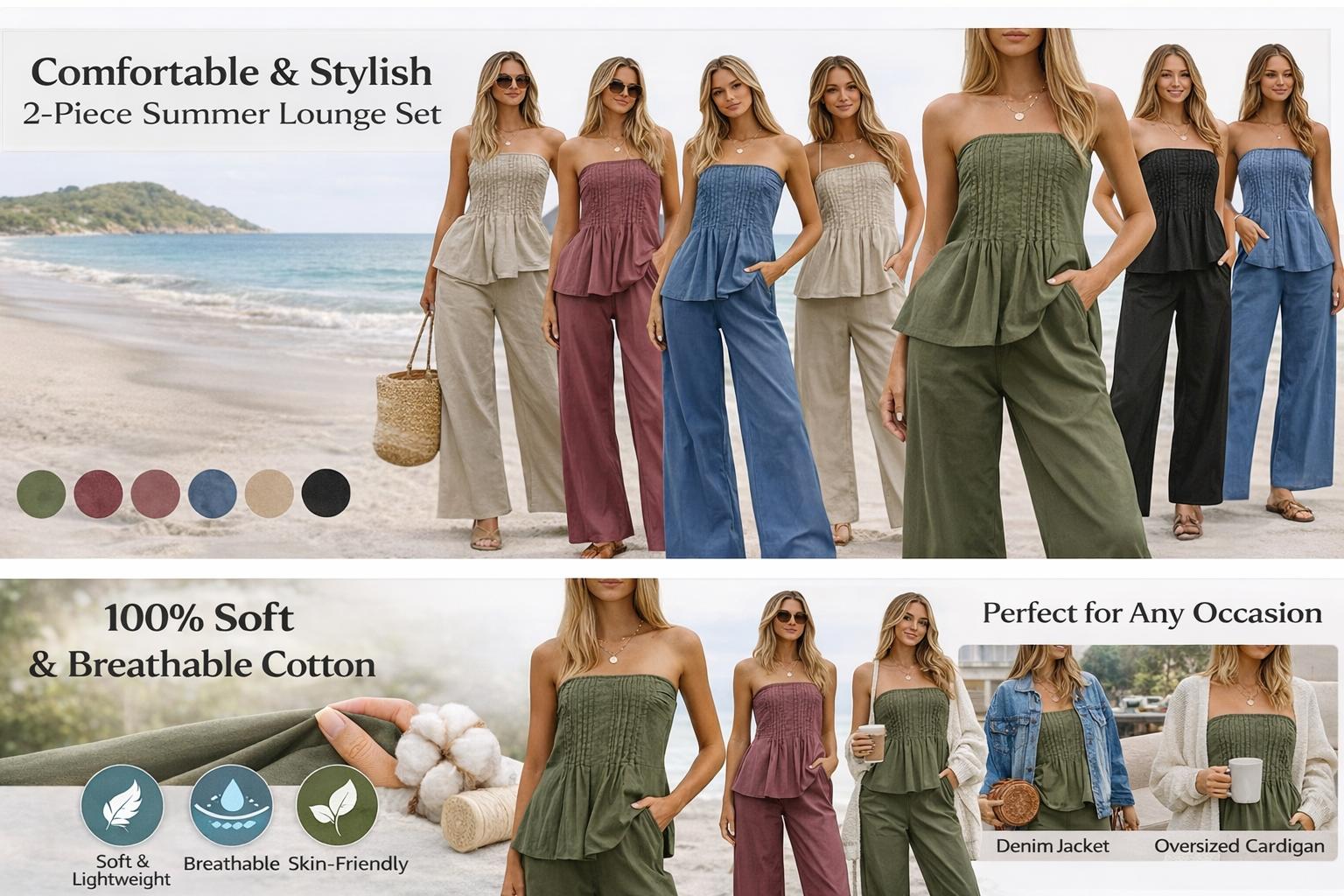 TANKANEO Women's 2-Piece Clothes Set, Strapless Cotton Tube Top & Wide Leg Pleated Pants, Women's Clothes for Vacation & Beach Outfits, Matching Lounge Set