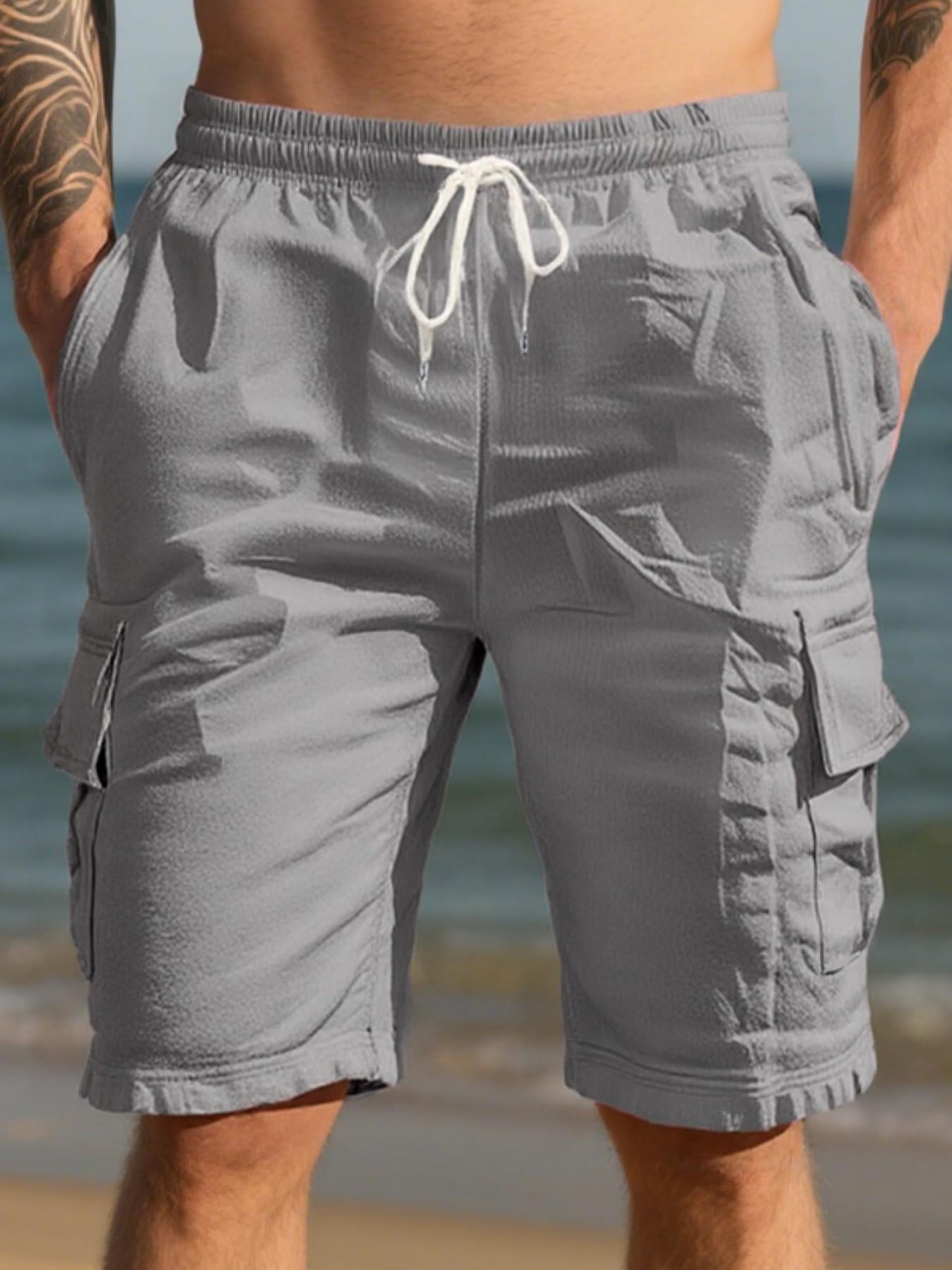 Men's Multi-Pocket Linen cargo shorts, Drawstring Waist Fitted Casual Shorts, Lightweight Breathable Beach Pants for Summer Outdoor Daily Wear