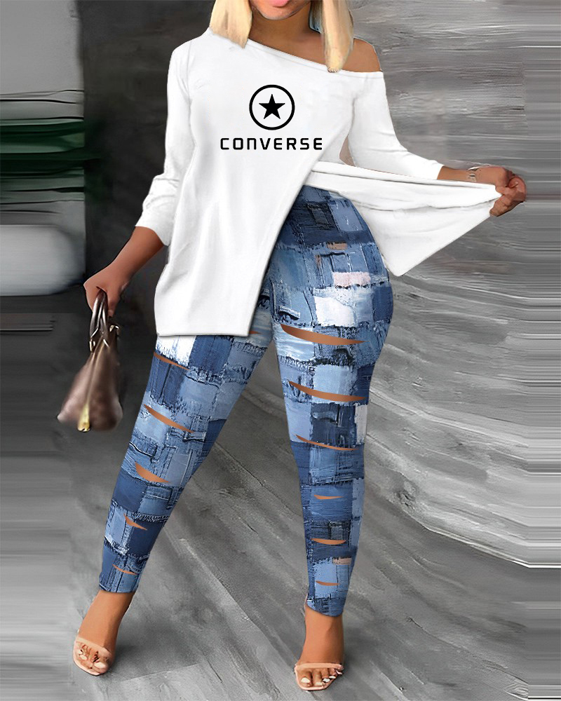 Converse Plus Size Nope Not Today Denim Look Print Split Hem Top & Pants Set