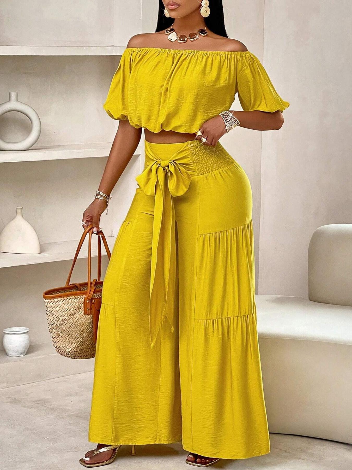 Summer Beach Vacation Bow Shoulderless Round Neck Shirt Wide Leg Pants Set, Casual Loose-Fitting, Women's Fashion, Womenswear