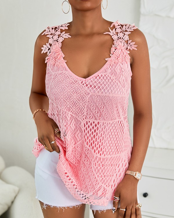Lace Patch V-Neck Sleeveless Tank Top