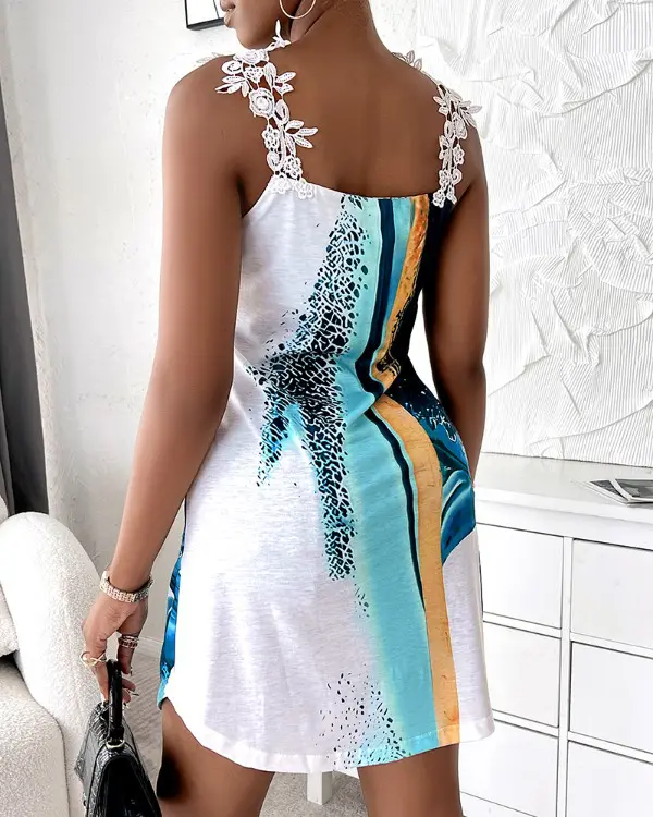 Tie Dye Lace Patch Sleeveless Casual Dress