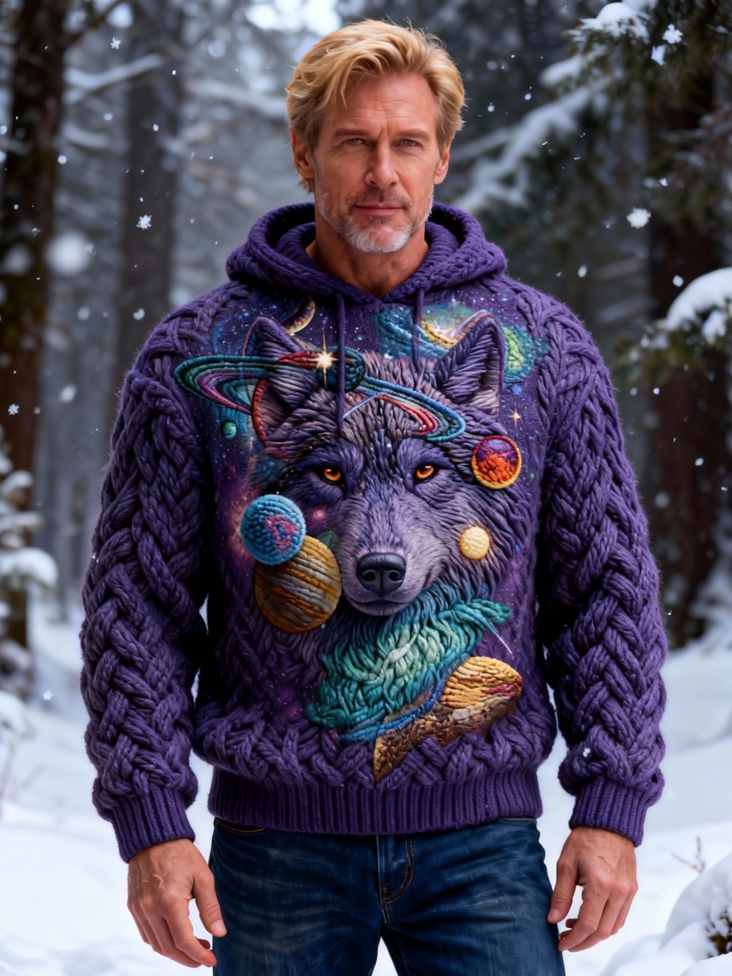 Men's Space Planet Galaxy Wolf Chunky Knit Hooded Sweater
