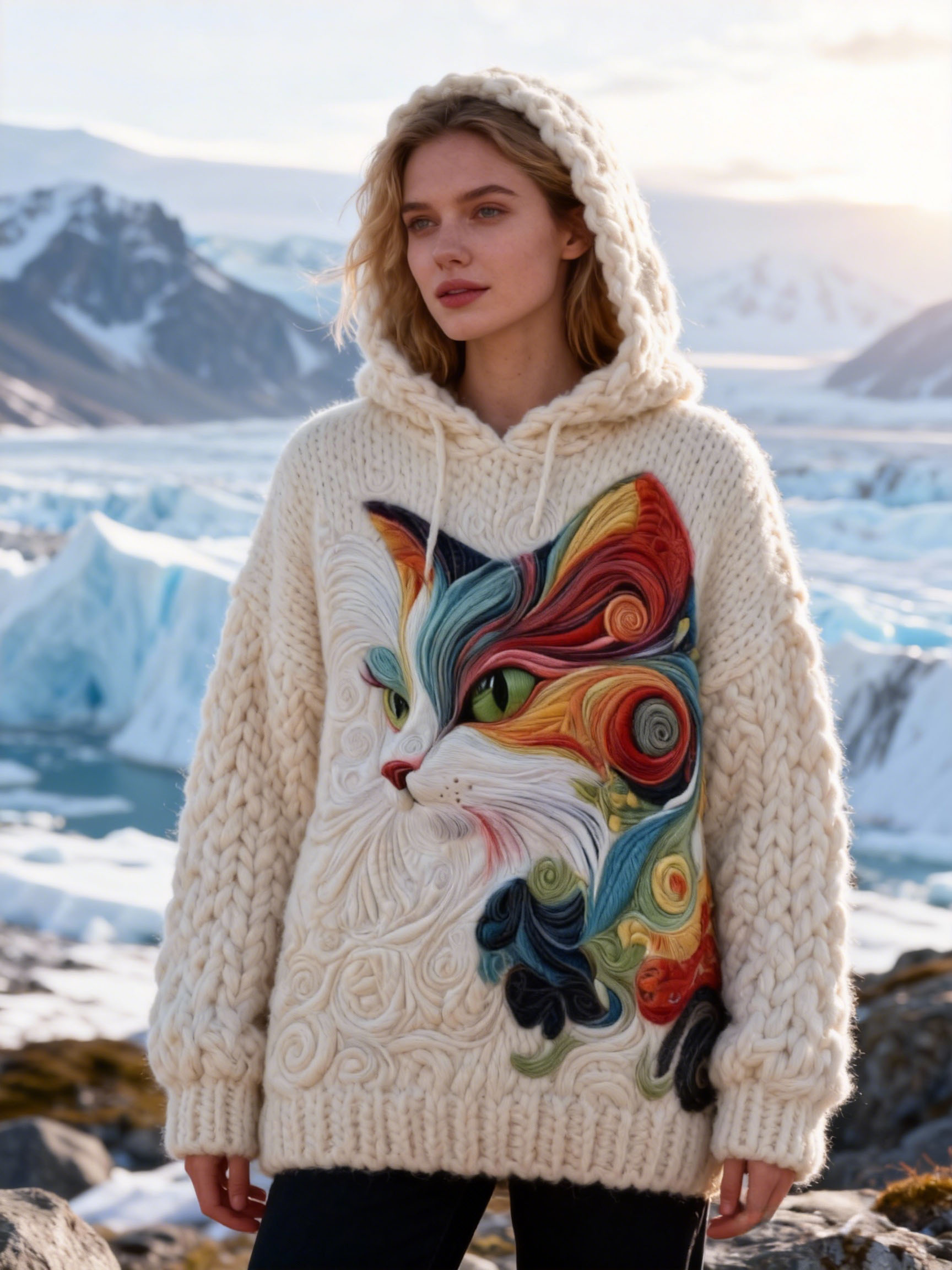 Women's Artistic Color Swirl Cat Hooded Sweater