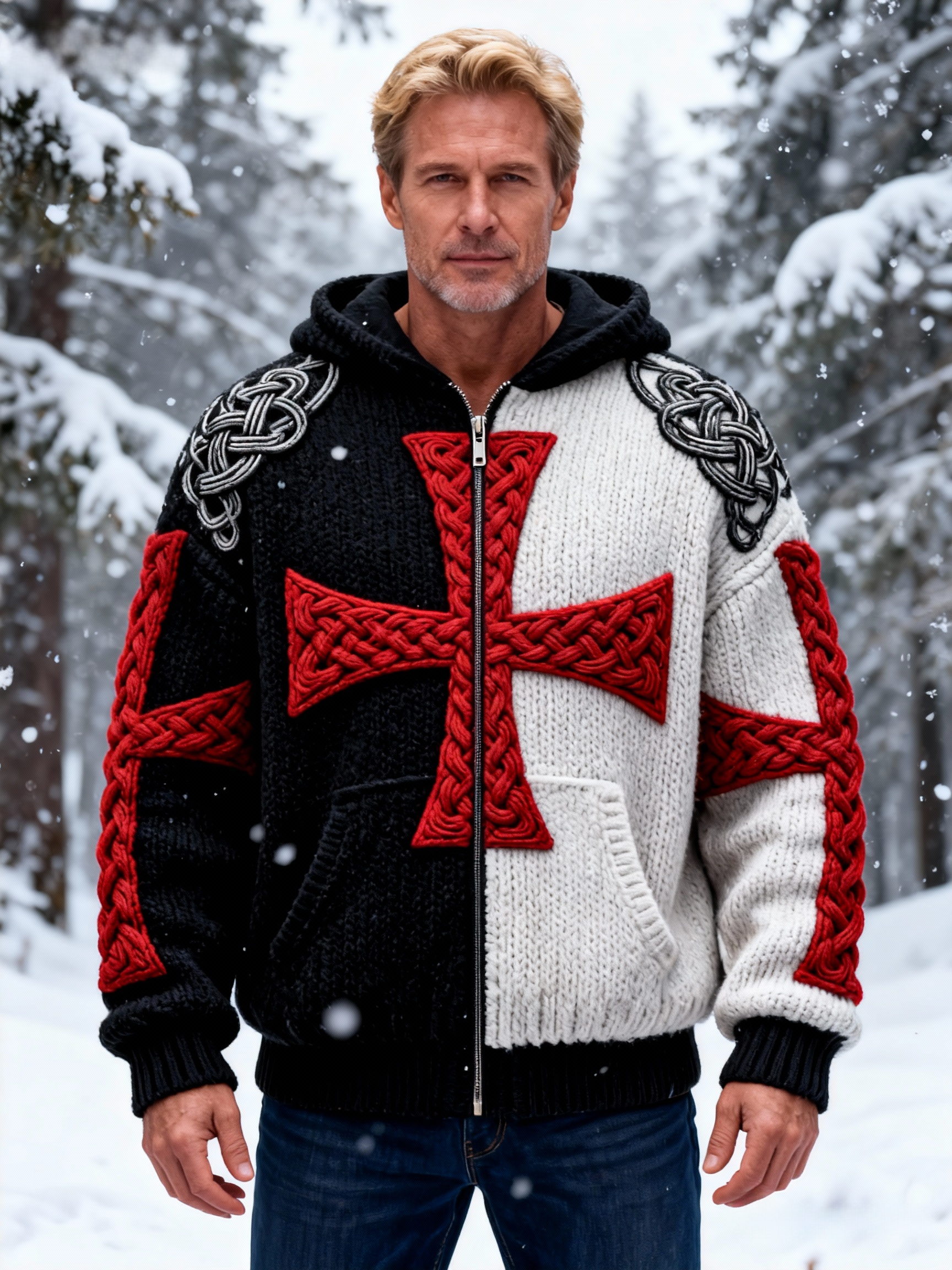 Men's Color Block Cross Jacquard Hooded Sweater Cardigan