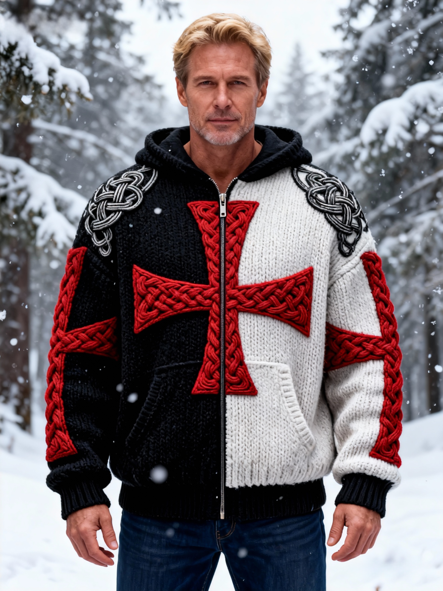 Men's Color Block Cross Jacquard Hooded Sweater Cardigan