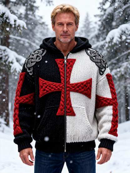 Men's Color Block Cross Jacquard Hooded Sweater Cardigan