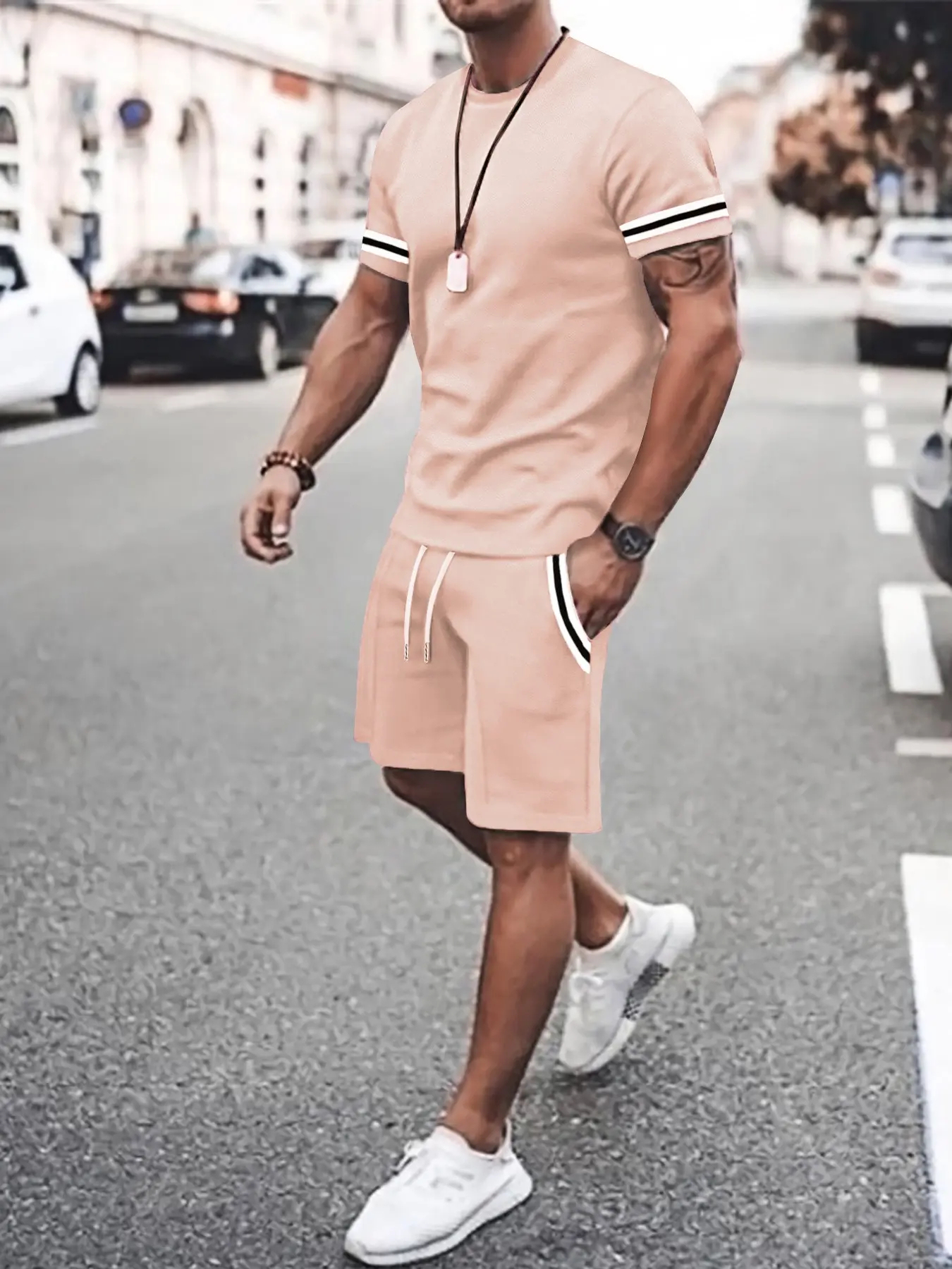 Men's Contrast Binding Tee & Drawstring Waist Shorts Set Two-Piece Set 
