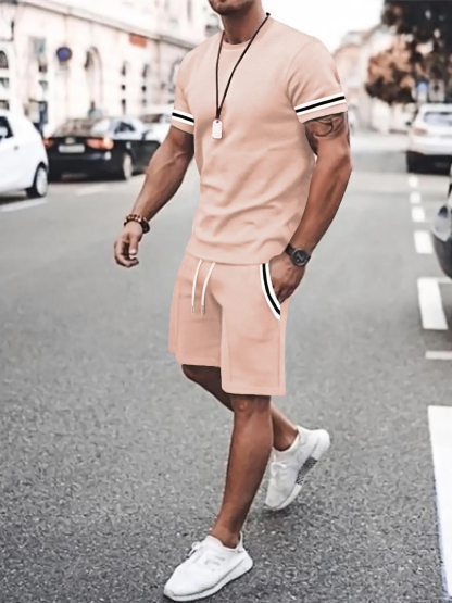 Men's Contrast Binding Tee & Drawstring Waist Shorts Set Two-Piece Set 