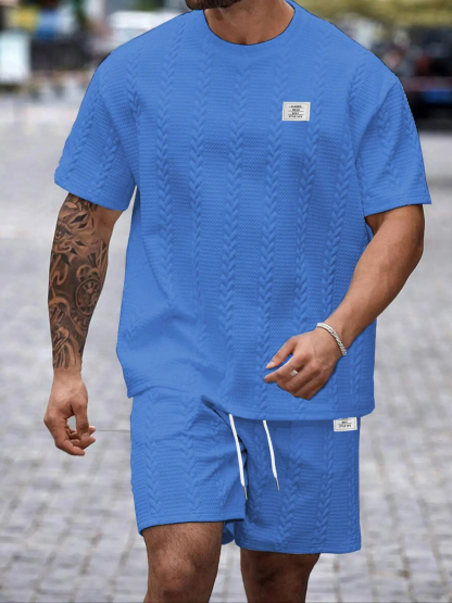 Men's Solid Textured Knit Patched Tee & Drawstring Waist Shorts Set