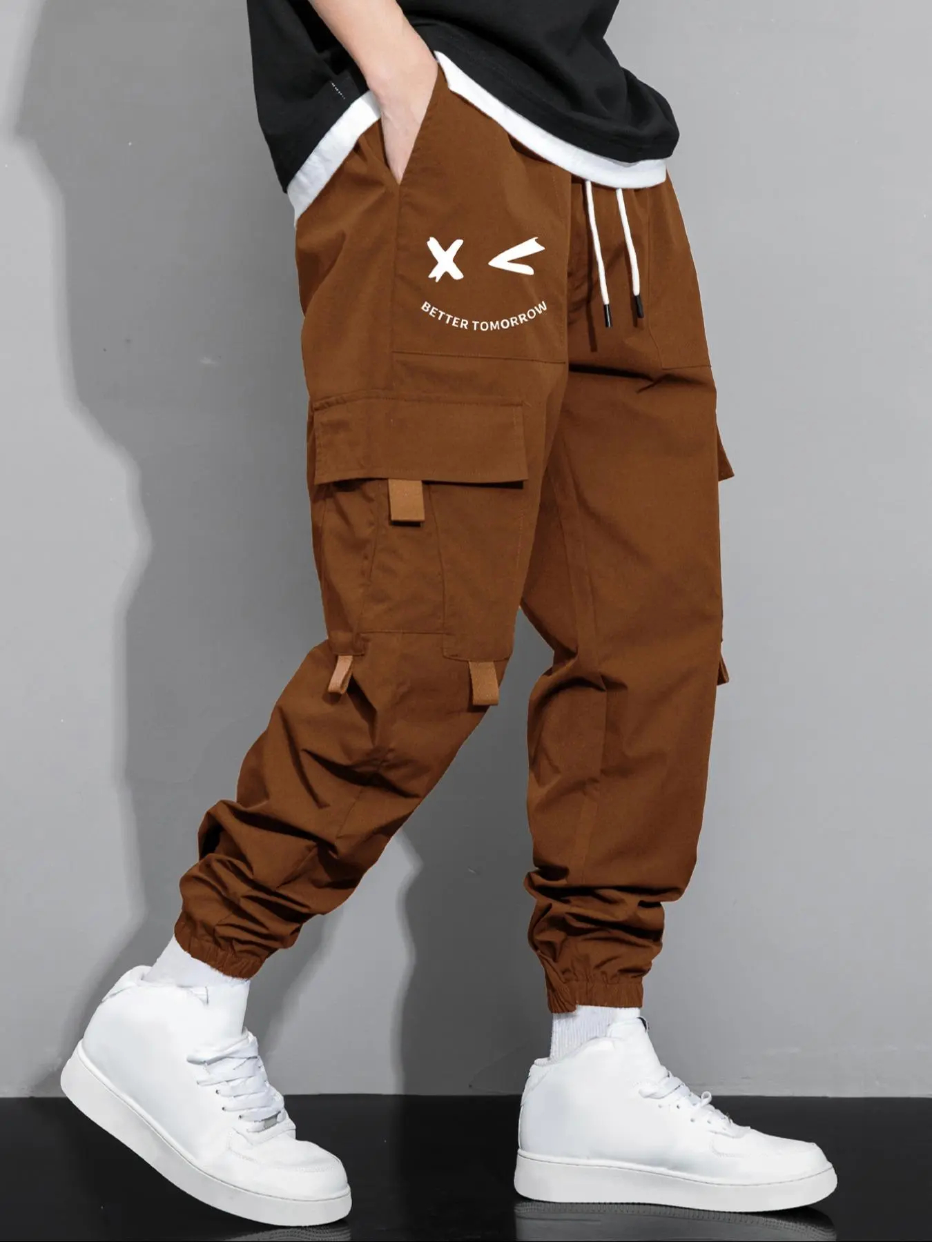 Men's Cartoon Face & Letter Print Drawstring Waist Cargo Pants