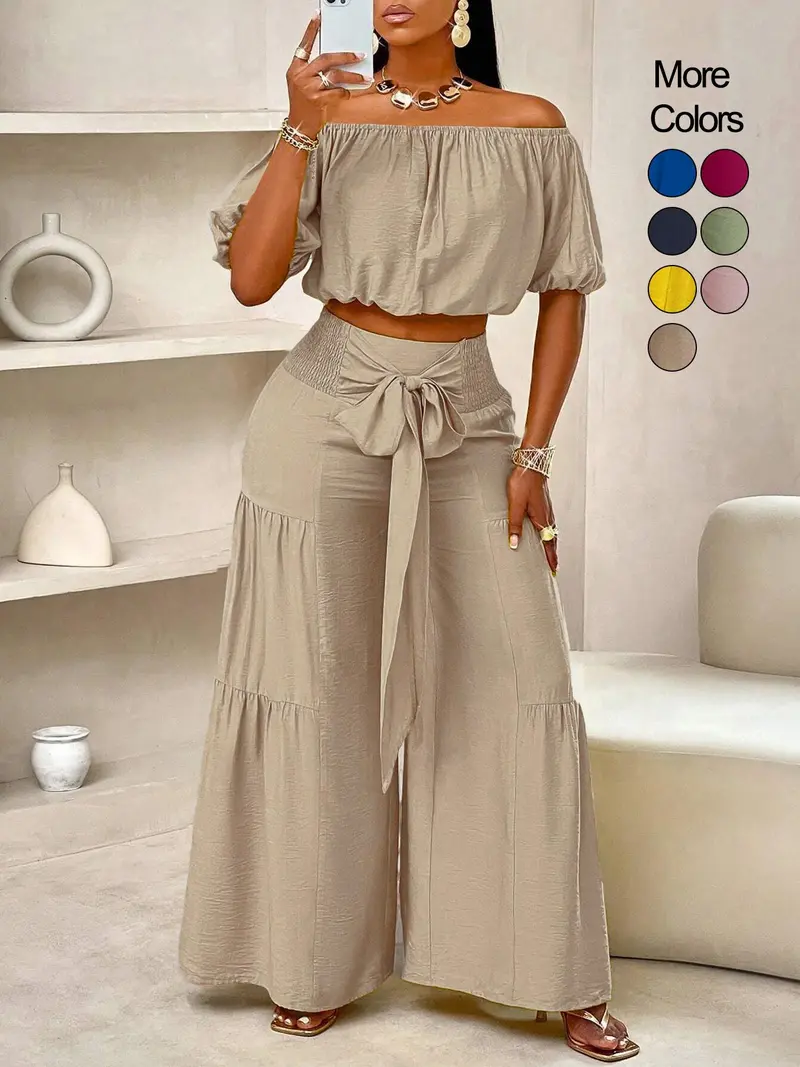 Women's Beach Vacation Bow Shoulderless Round Neck Shirt Wide Leg Pants Sets