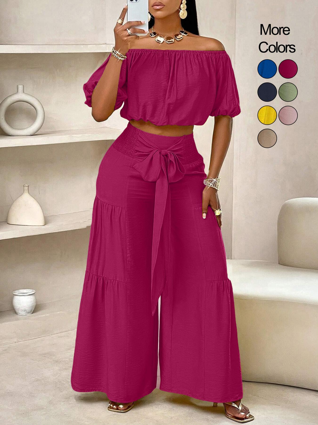 Women's Beach Vacation Bow Shoulderless Round Neck Shirt Wide Leg Pants Sets