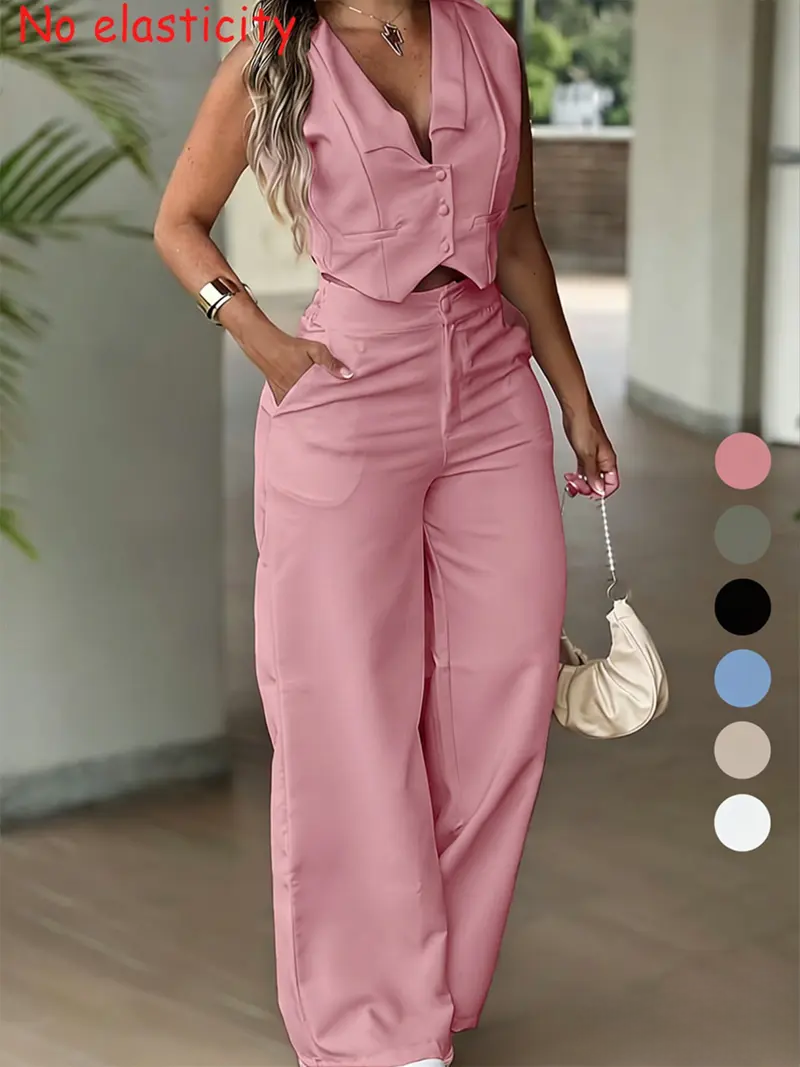 Women's Sleeveless Waist Cinching Vest Set, Wide Leg Pants