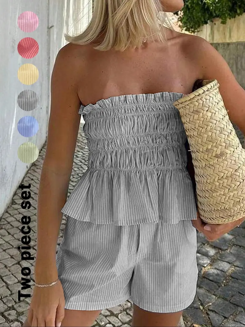 Women's Striped Print Tube Top & Shorts Sets