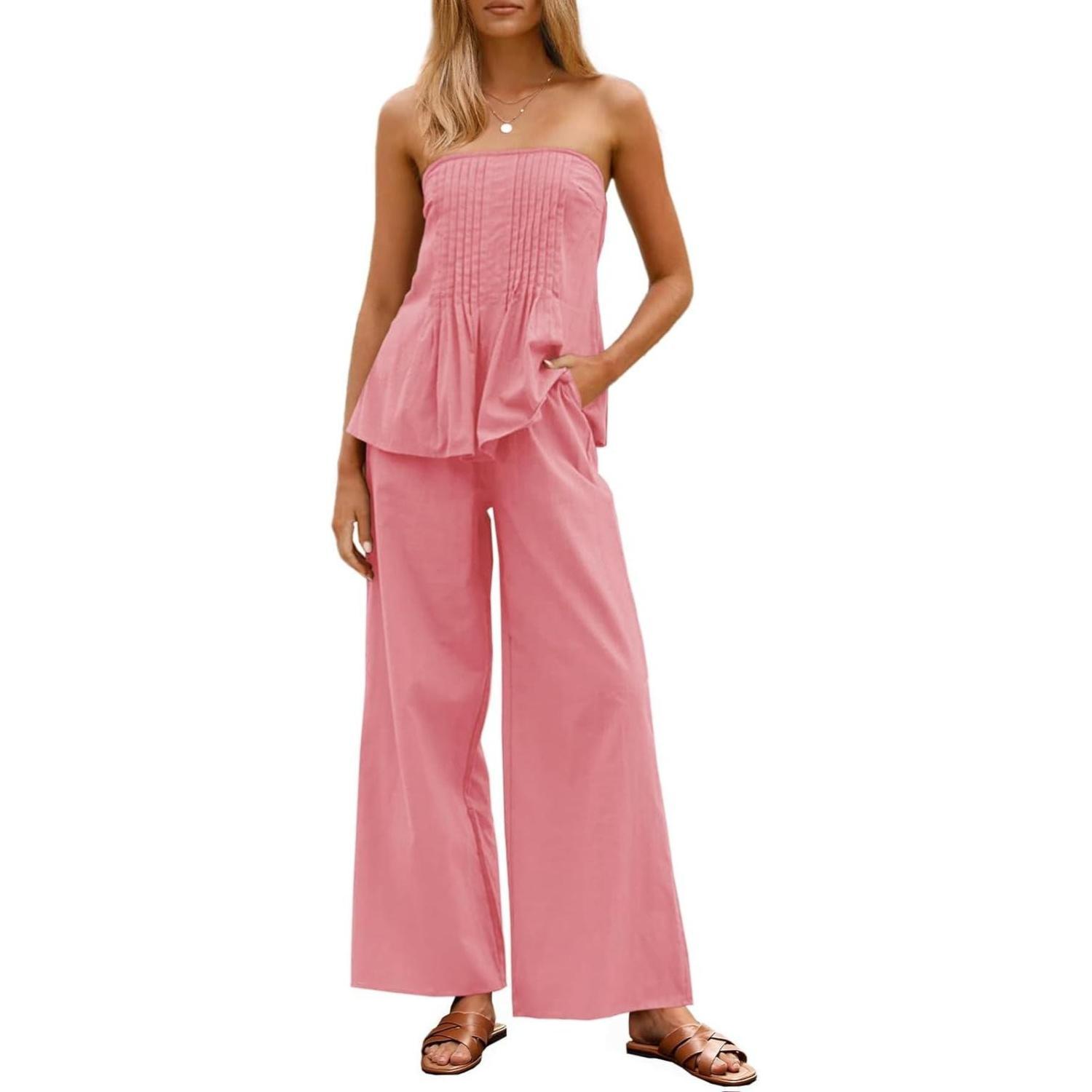 Women's Vacation Strapless Cotton Tube Top & Wide Leg Pleated Pants Matching Set