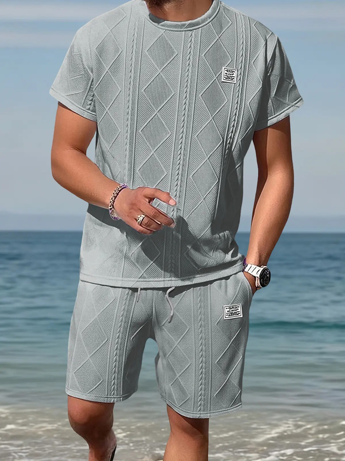 Men's Casual Summer Jacquard Texture Fabric Breathable 2-Piece Sports Suit