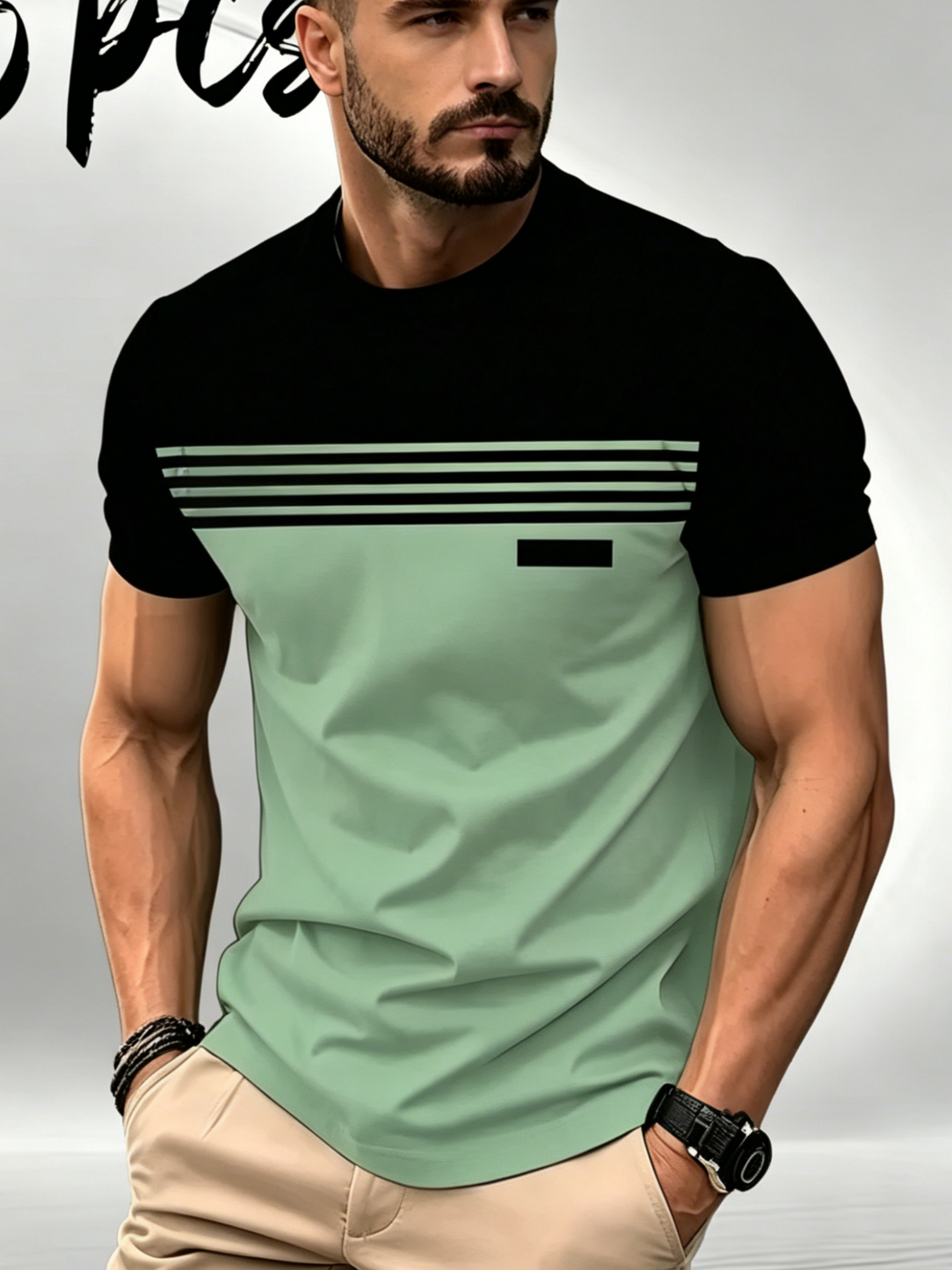  Men’s Casual Striped Panel Design Short Sleeve T-Shirts