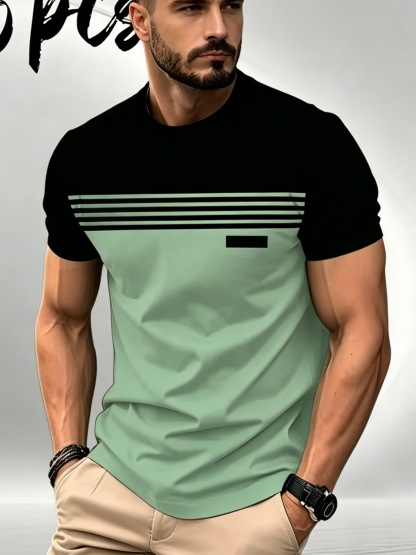  Men’s Casual Striped Panel Design Short Sleeve T-Shirts