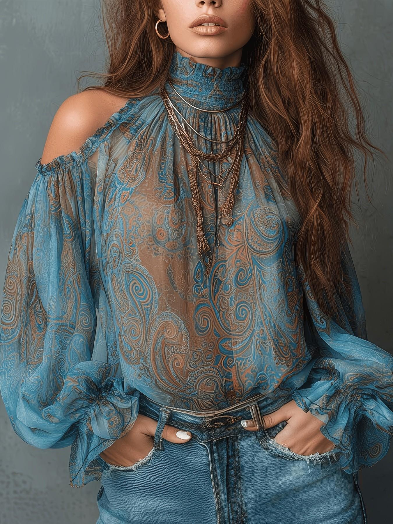Women's Vintage Off-Shoulder Paisley Blouse Top, Elegant Retro Design for Casual or Formal Wear, Unique Fashion Piece Women's Vintage Off-Shoulder Paisley Blouse Top, Elegant Retro Design for Casual or Formal Wear, Unique Fashion Piece