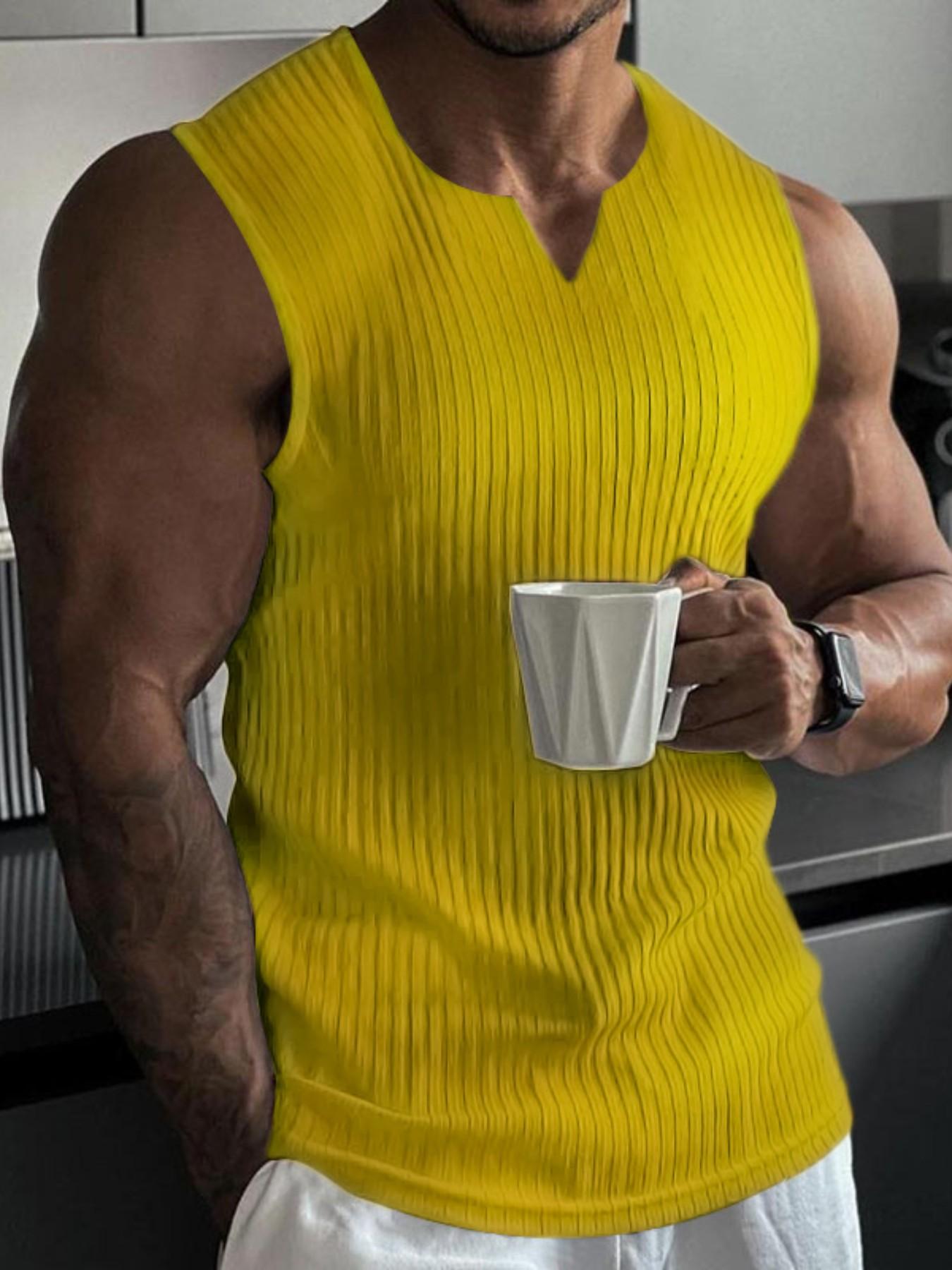 Men's Spring ＆ Summer Outfits Plain V Neck Sleeveless Pullover Vest T-Shirt for Daliy Wear, Gym Wear Ribbed Texture, Casual Sporty Versatile Wear, Must-Have for Men's Wardrobe, Sleeveless Sports Vest, Workout Vest, Fitness Workout Vest