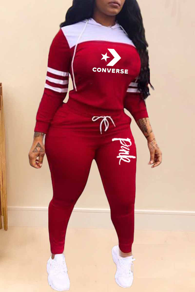 Converse Red Casual Print Patchwork Letter Hooded Collar Long Sleeve Two Pieces 