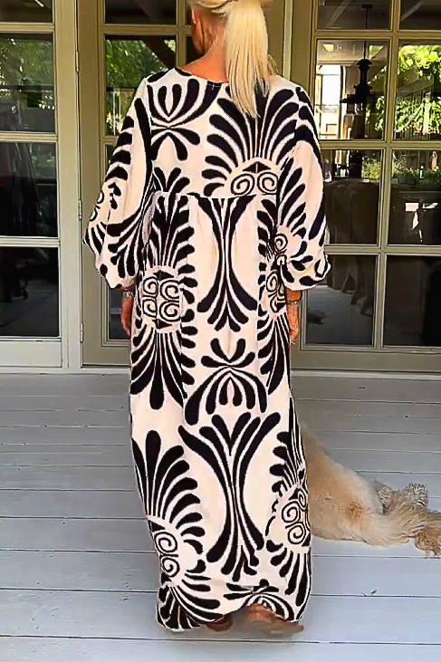 V Neck Retro Geometric Pattern Ring Loose Casual Dress