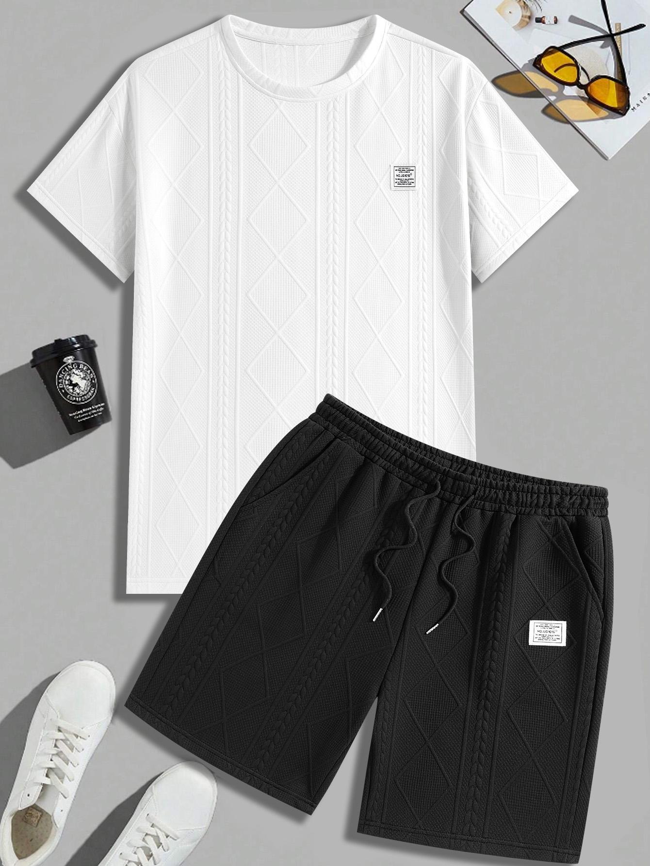 Men's Summer Casual Sports Suit 2-Piece texture Set Jacquard Texture Fabric Breathable Round Neck T-Shirt & Shorts Formal Tropical Man Top Suits Menswear Clothes Crewneck Shortsleeve  Suitable for daily leisure running tiktok shop deals gifts for him Spri