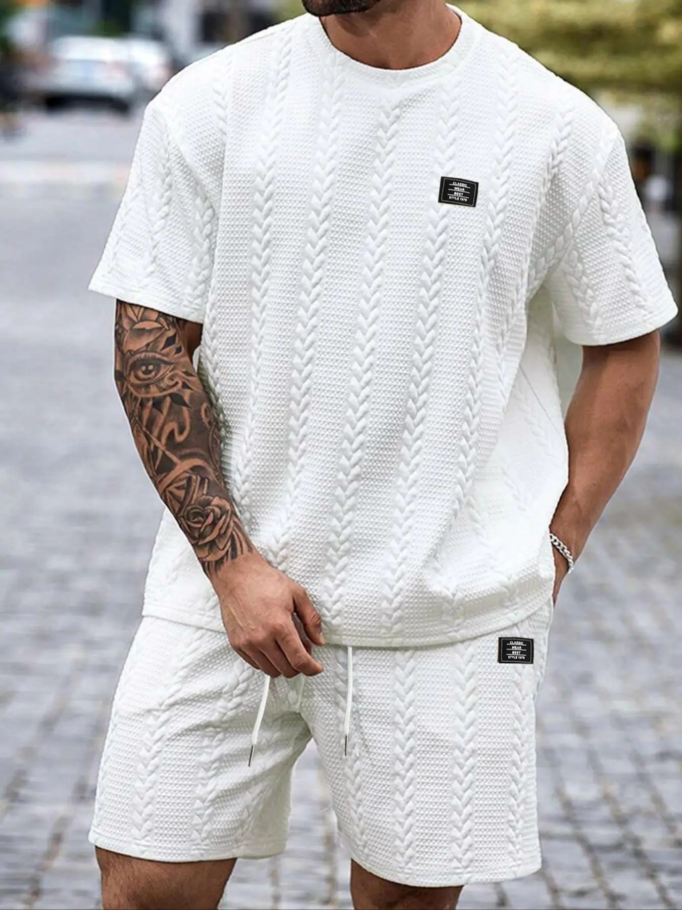 Men's Solid Textured Knit Patched Tee & Drawstring Waist Shorts Set