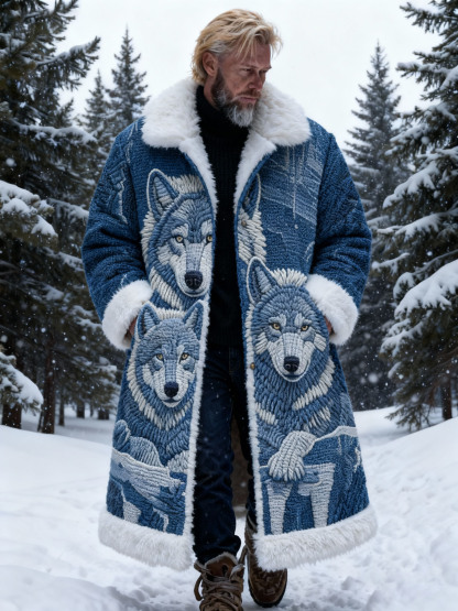 Men's Blue and White Wolf Pattern Fur Collar Long Coat