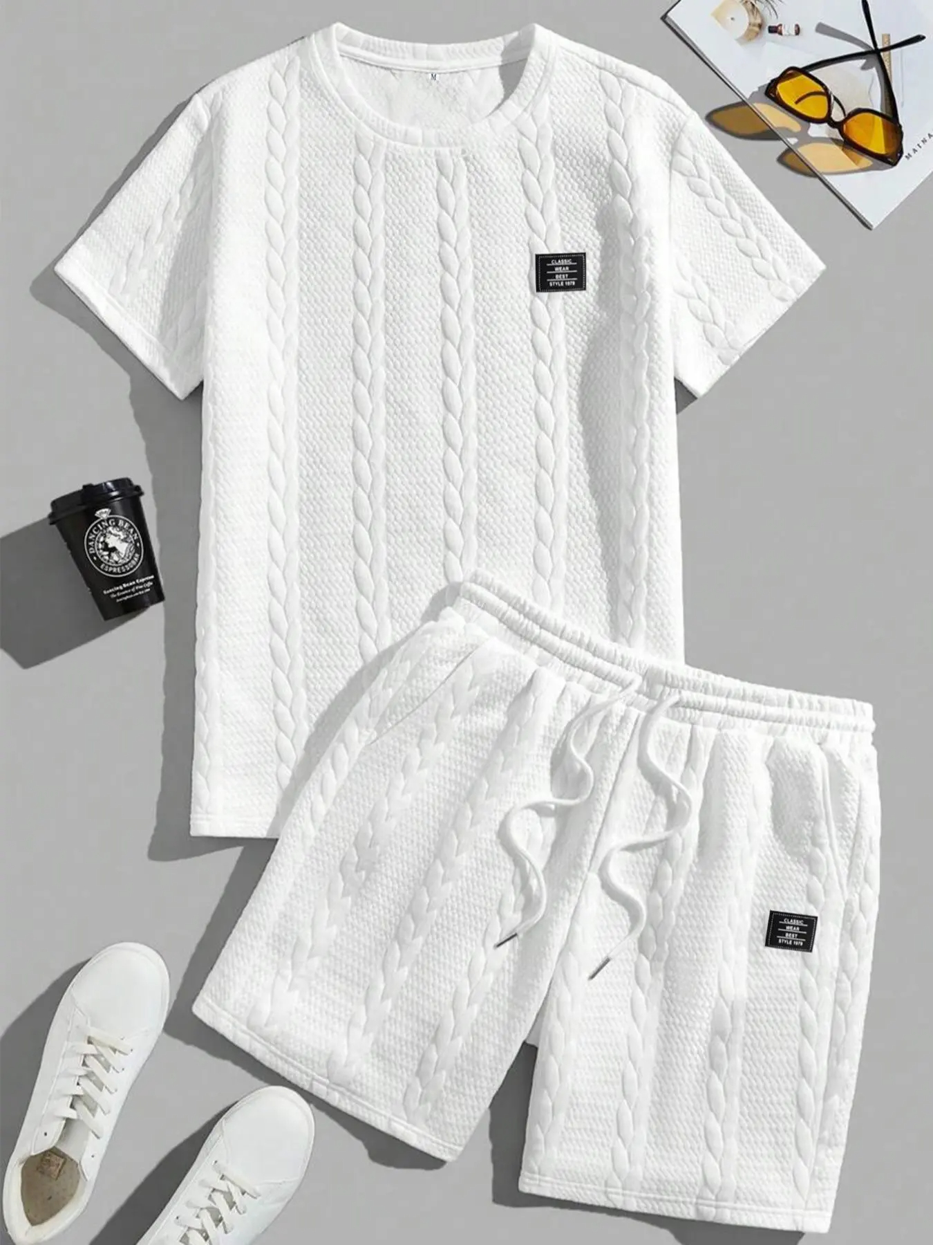 Men's Solid Textured Knit Patched Tee & Drawstring Waist Shorts Set