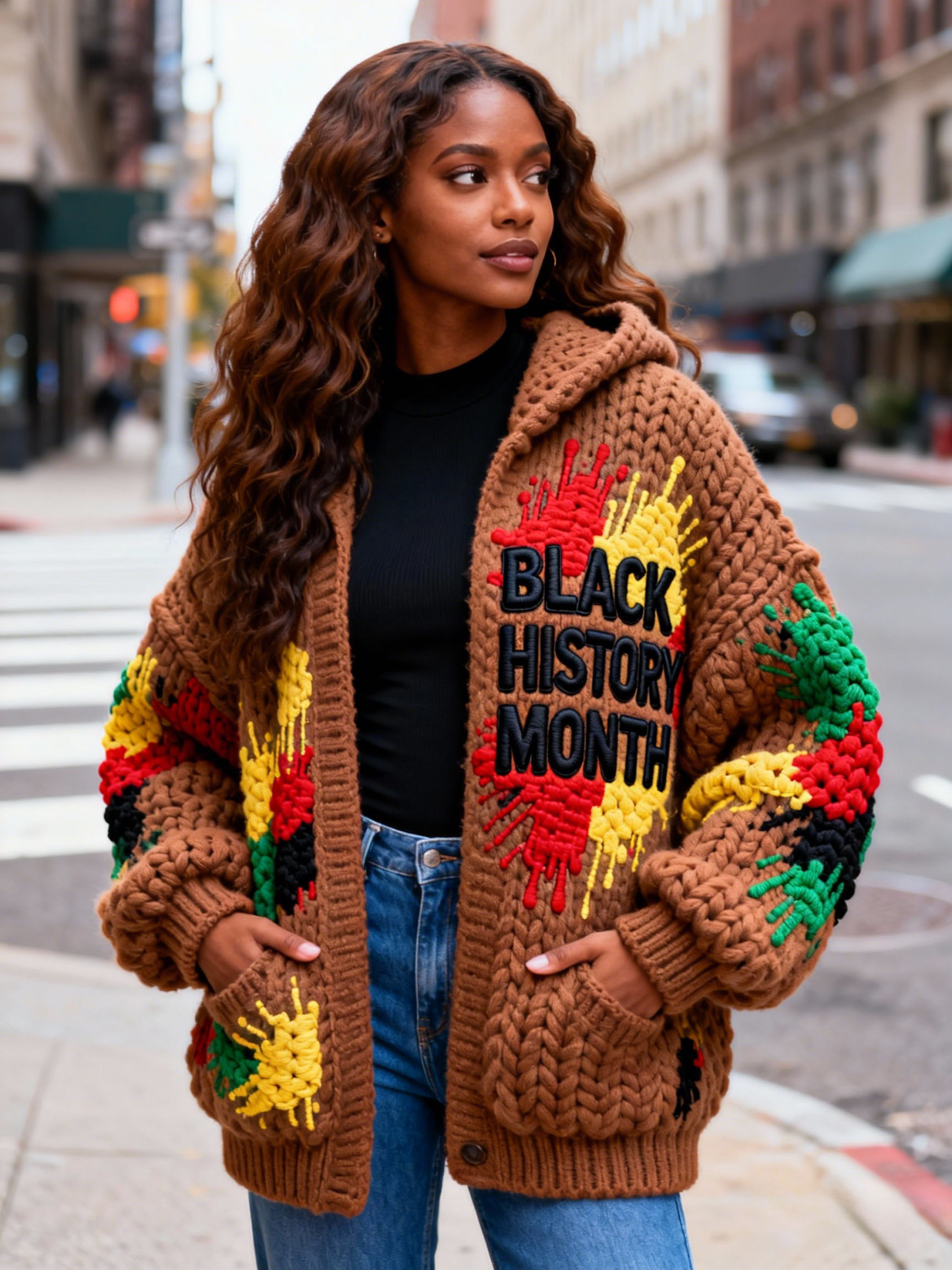 Women's Color Splash & Lettering Brown Chunky Knit Hooded Cardigan
