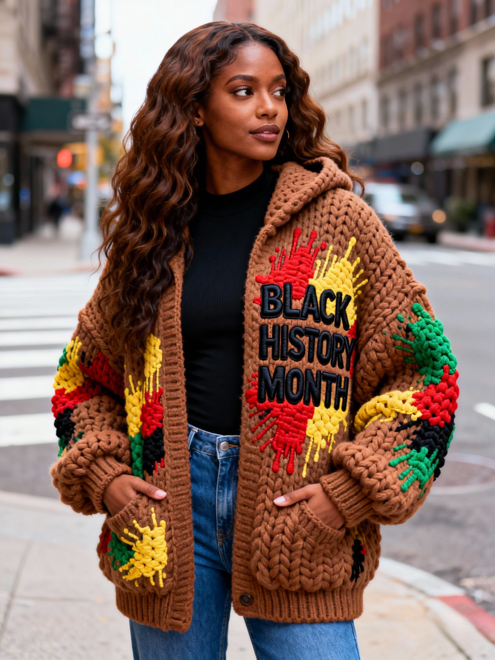 Women's Color Splash & Lettering Brown Chunky Knit Hooded Cardigan
