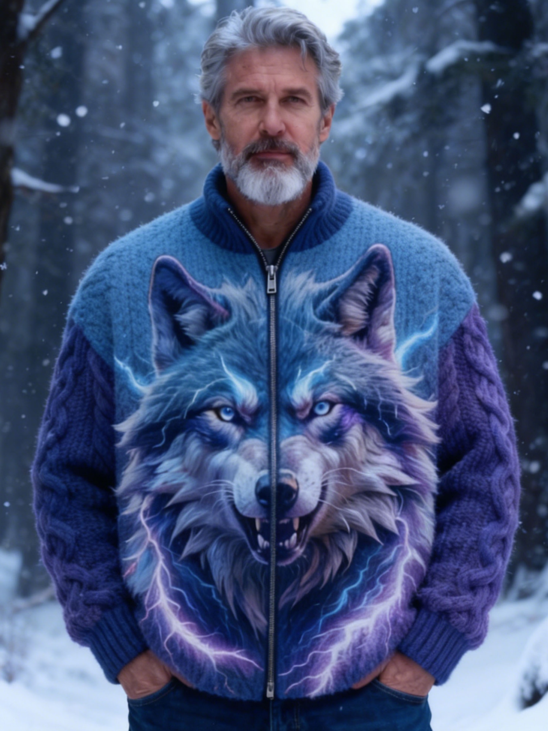 Men's Lightning Wolf Head Chunky Knit Sweater Zipper Cardigan