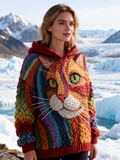 Women's Artistic Rainbow Line Cat Chunky Knit Hooded Sweater