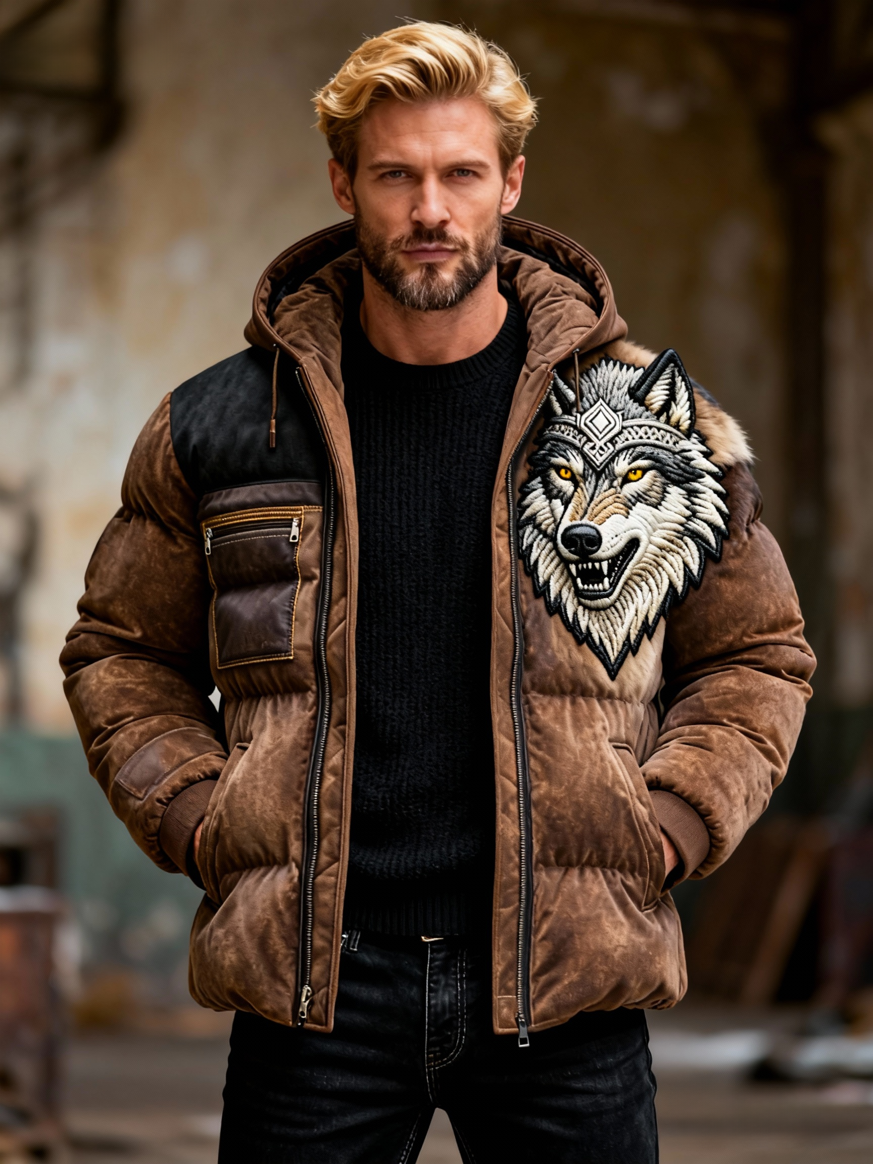 Men's Viking Wolf Leather Accents Puffer Jacket 