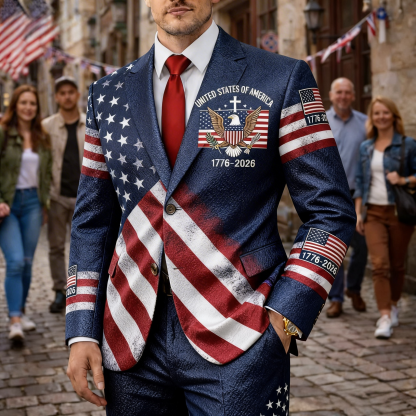 Men's USA 1776-2026 American Flag Blazer Suit 