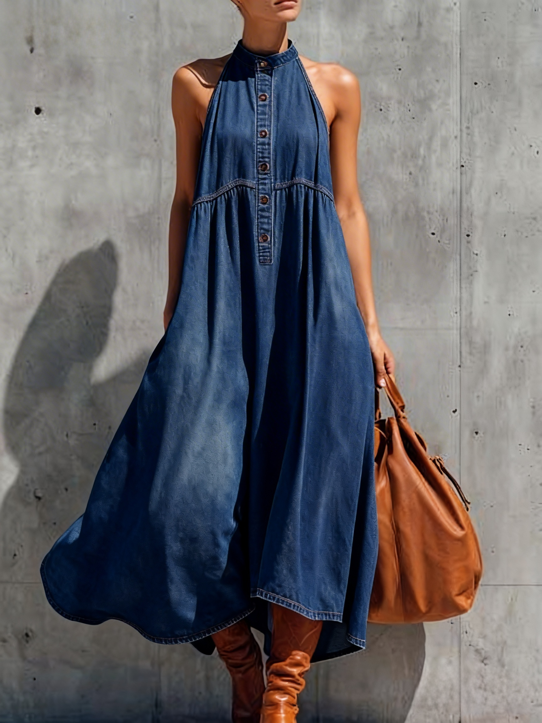 Vintage Halter Neck Buttoned Denim Maxi Dress