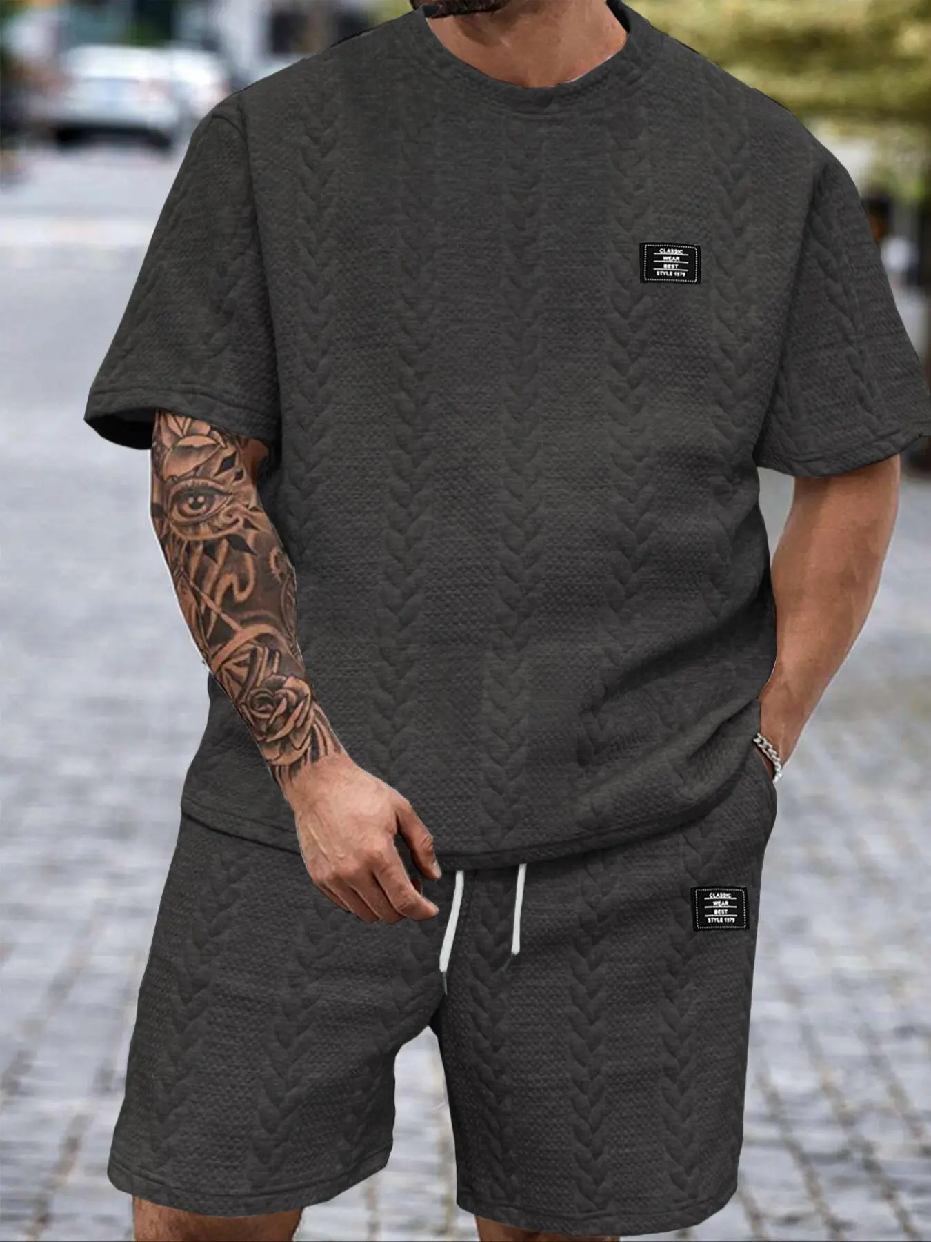 Men's Solid Textured Knit Patched Tee & Drawstring Waist Shorts Set