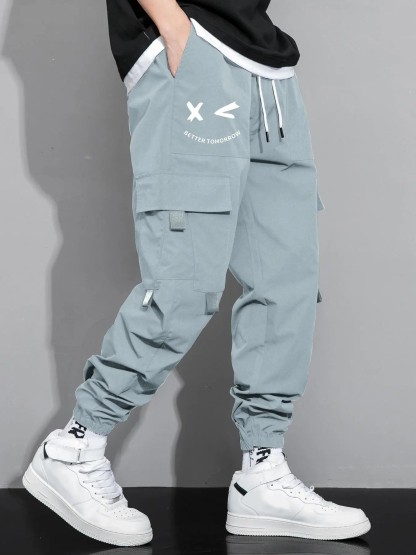 Men's Cartoon Face & Letter Print Drawstring Waist Cargo Pants