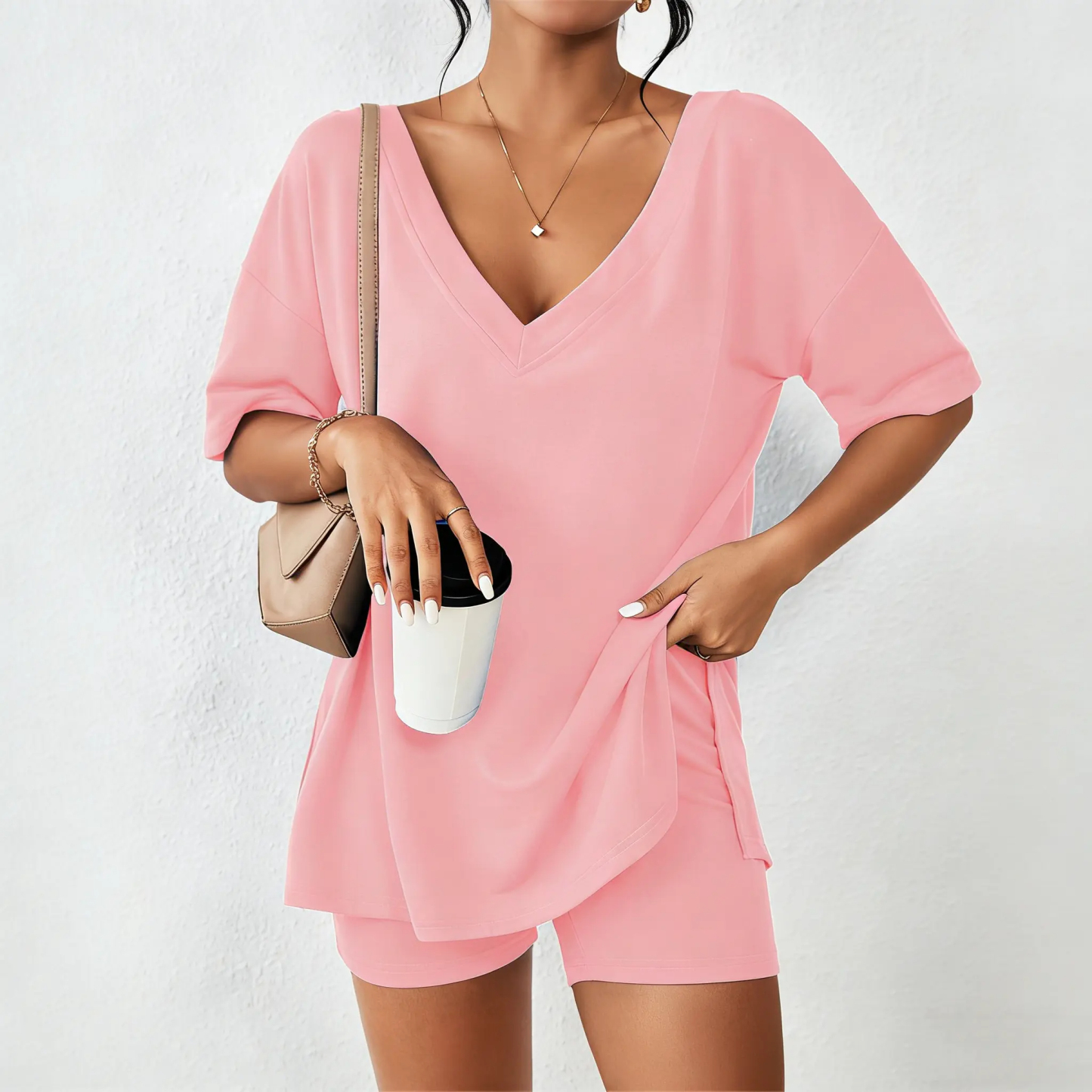Women's Casual Spring Oversized V Neck Split Hem Shirts & Shorts Two-Piece Set