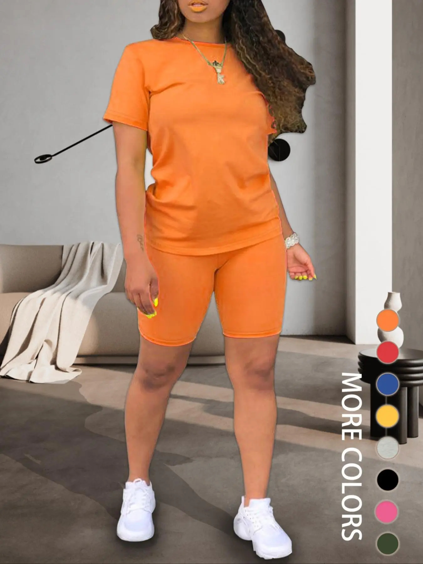 Women's Fitted Plain Round Neck Tee & Skinny Shorts Set