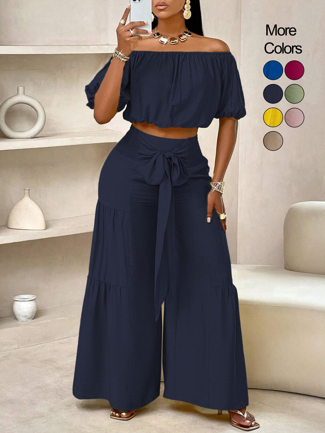 Women's Beach Vacation Bow Shoulderless Round Neck Shirt Wide Leg Pants Sets